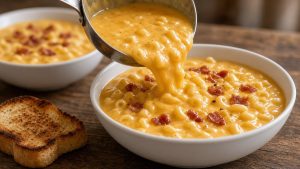 Ladle pouring sharp cheddar mac and cheese soup with bacon into a bowl beside toast