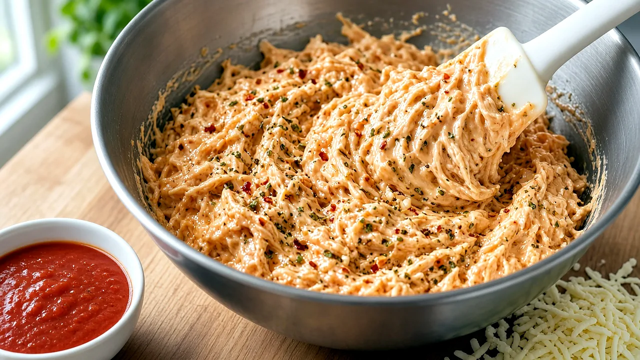 Shredded chicken being folded into seasoned cream cheese and marinara in a mixing bowl for chicken parmesan casserole