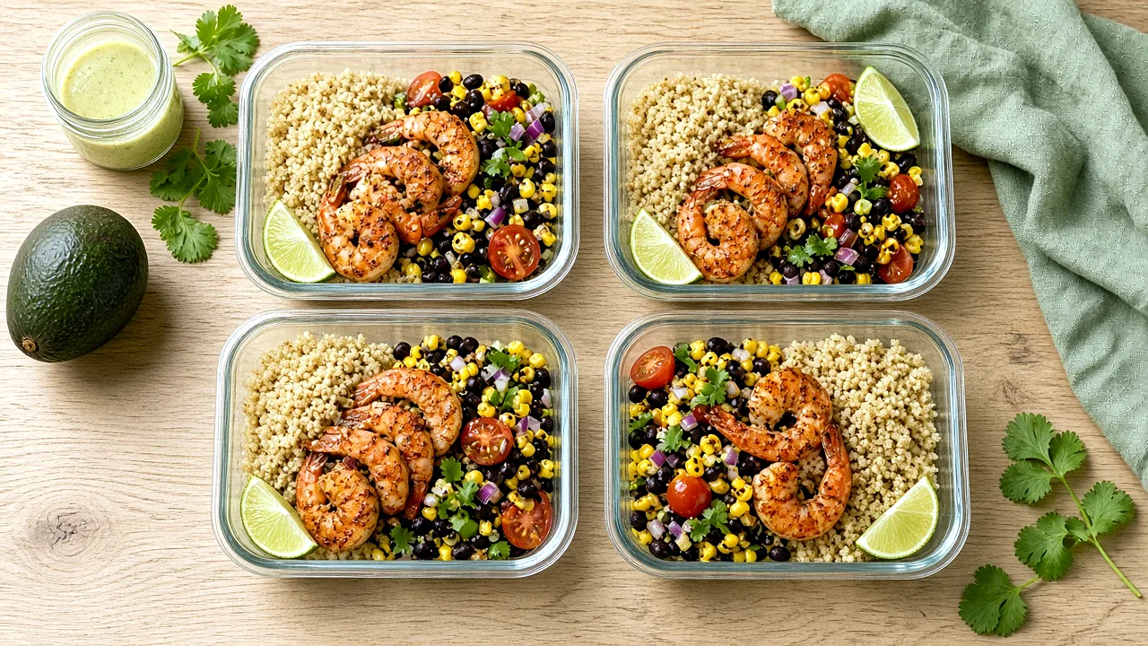 Shrimp quinoa bowls packed in glass meal prep containers with quinoa, roasted corn salad, shrimp, and lime wedges
