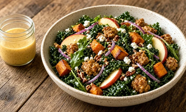 Warm sweet potato sausage salad with kale, apple, pecans, and goat cheese in a wide serving bowl