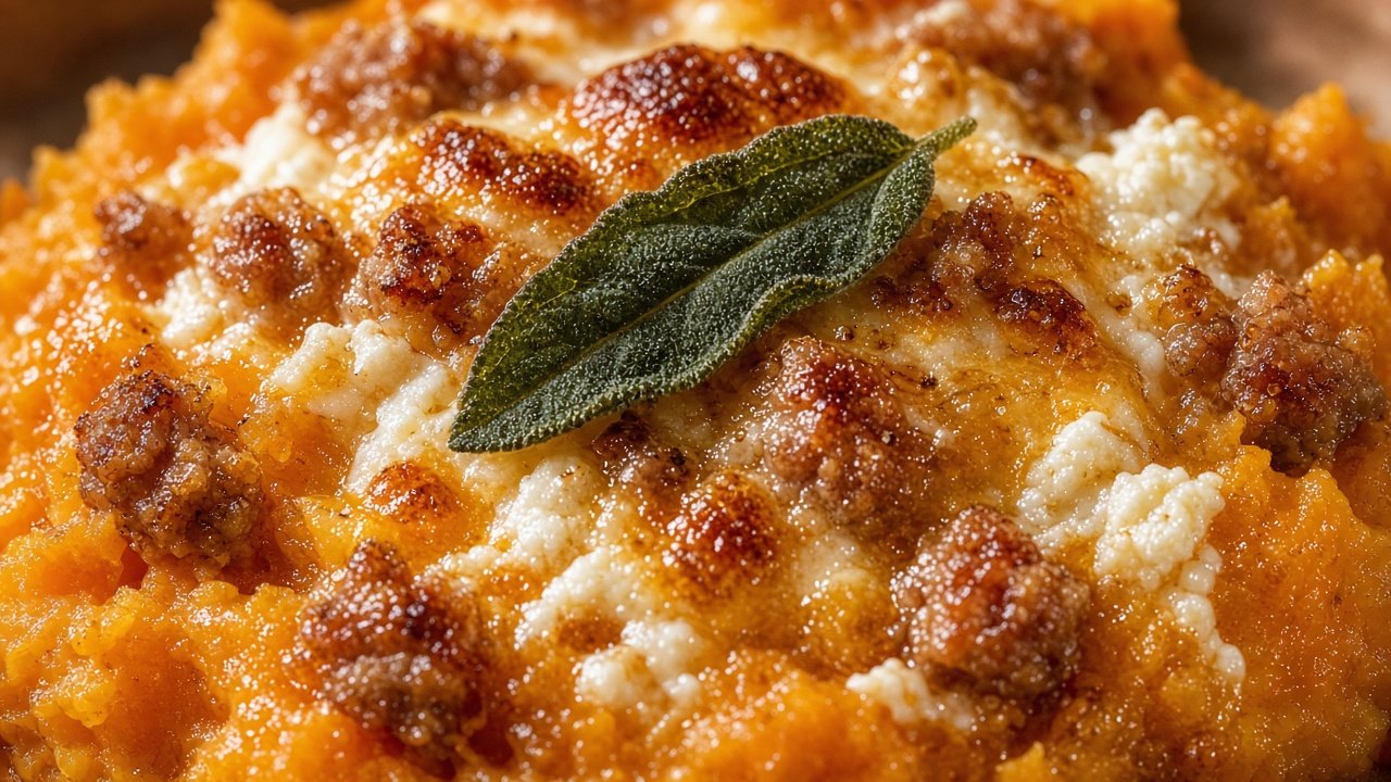 Close-up of twice-baked sweet potato showing creamy ricotta-sausage filling, browned Parmesan top, and fresh sage