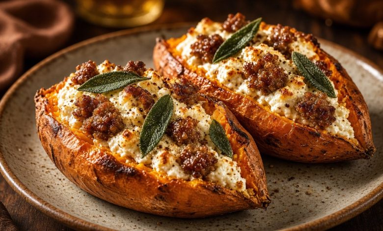 Twice-baked sweet potato halves filled with Italian sausage, ricotta, and sage on a white platter with fresh sage leaves