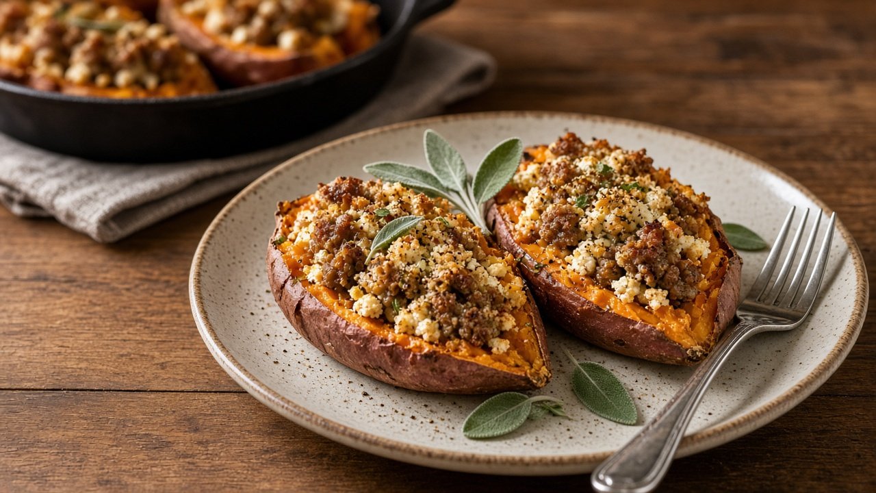 Dinner plate with two twice-baked sweet potato halves stuffed with Italian sausage and ricotta, sage garnish, fork beside
