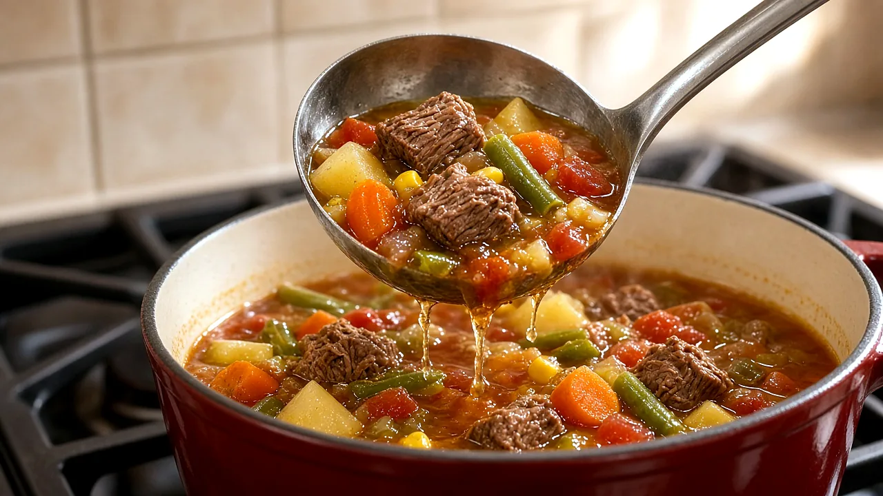 Ladle lifting chunky vegetable beef soup with tender beef, potatoes, carrots, green beans, corn, and tomatoes out of a red enameled Dutch oven