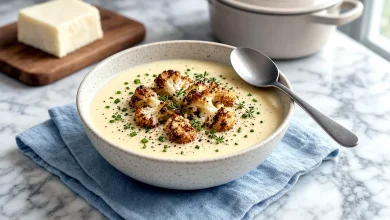 Bowl of creamy white cheddar cauliflower soup topped with roasted cauliflower florets, chives, and thyme, with a spoon on a blue linen napkin