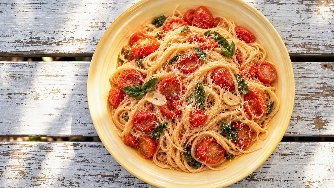A single serving of angel hair tomato pasta with basil on a pale yellow plate on a whitewashed picnic table