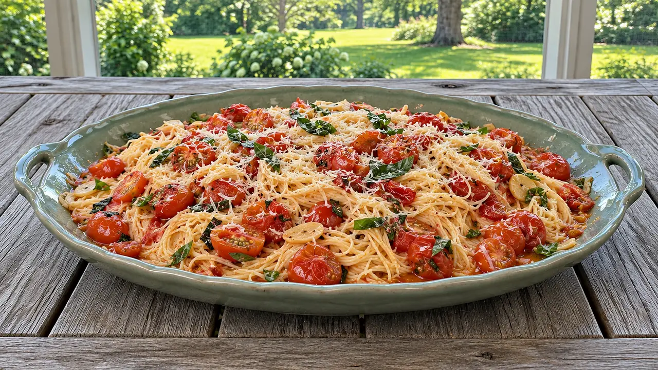 Angel hair tomato pasta with burst cherry tomatoes, basil and grated Parmesan on a celadon platter