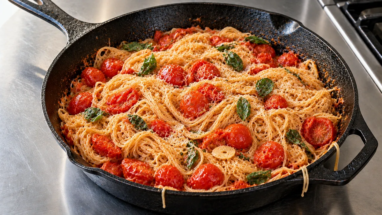 Very thin angel hair strands tossed with burst cherry tomatoes, basil and Parmesan in a cast-iron skillet