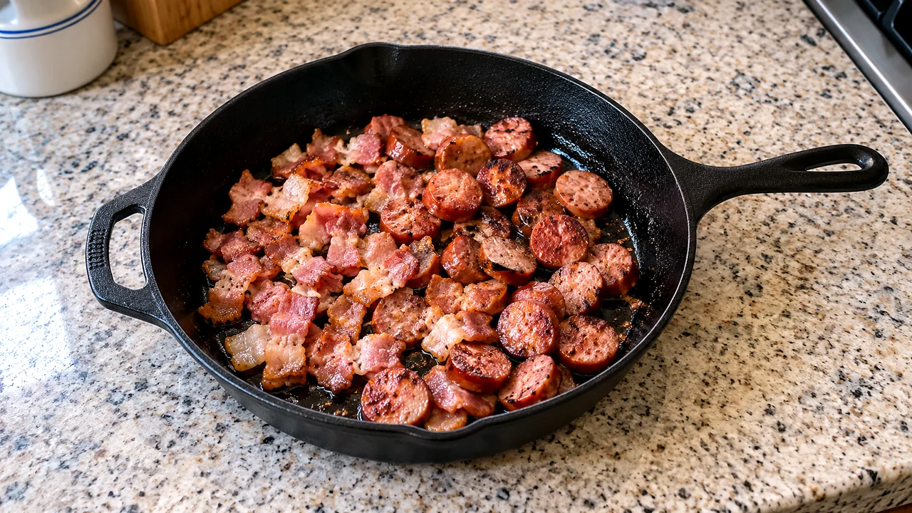 Chopped bacon and sliced smoked sausage browning together in a skillet