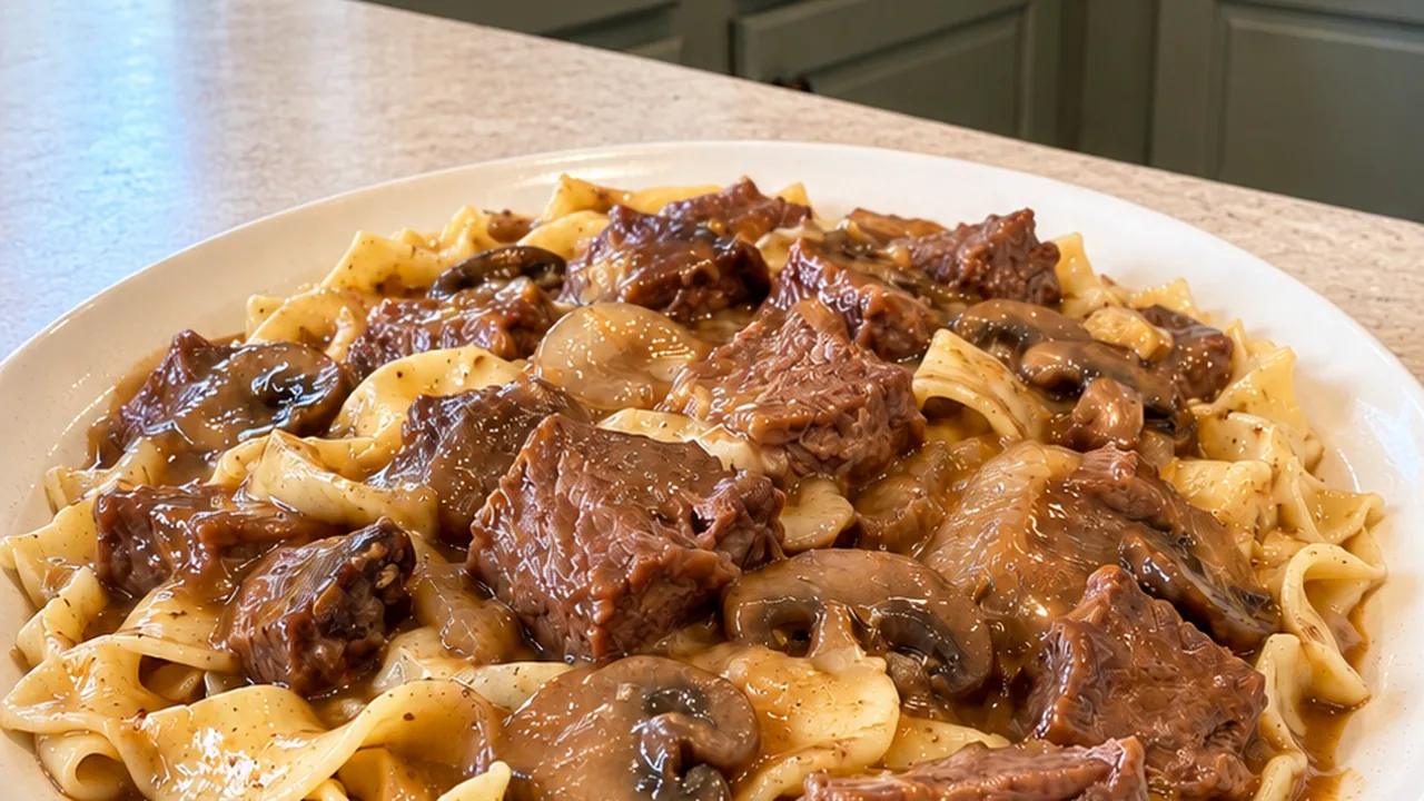 A generous plate of wide buttered egg noodles topped with fork-tender beef cubes, mushrooms and medium-brown gravy with parsley