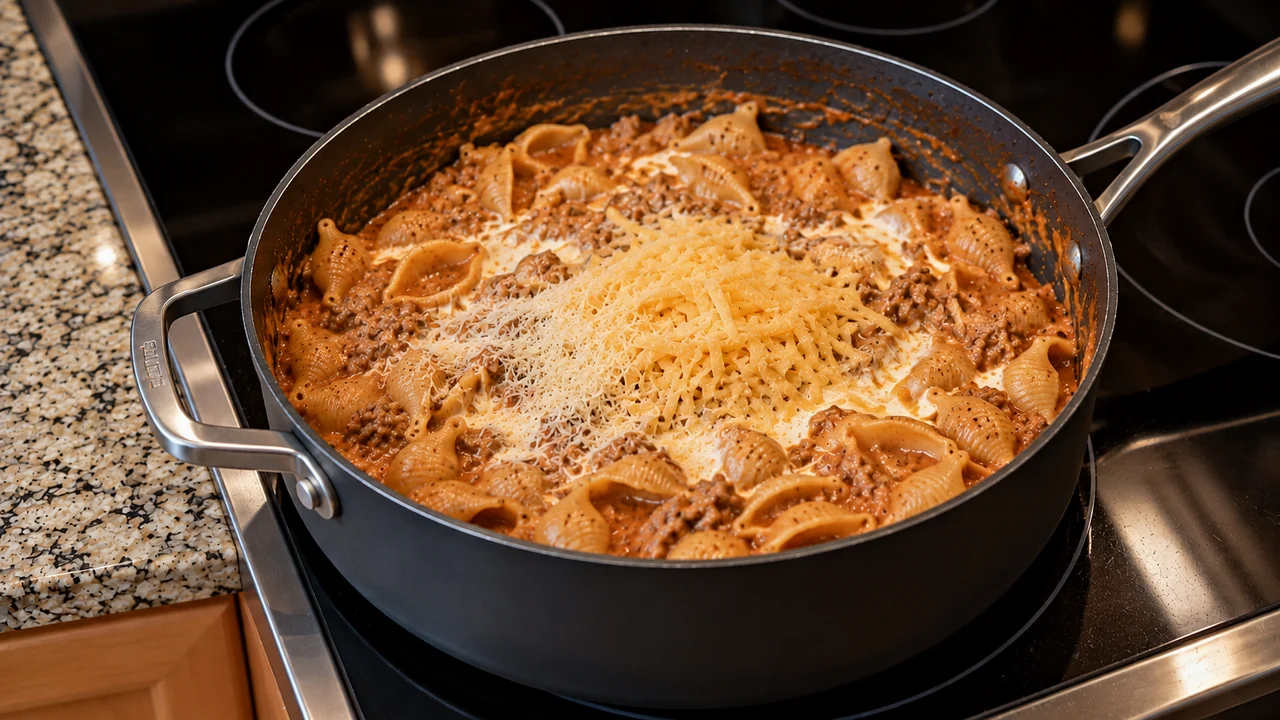 Heavy cream and a mound of shredded cheddar and Parmesan on top of cooked beef and shells before stirring