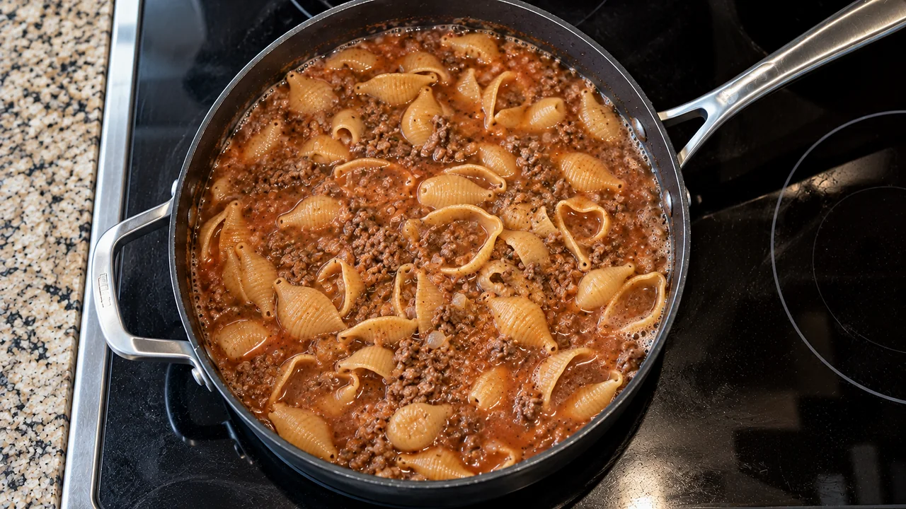 Dry medium pasta shells just stirred into boiling tomato and beef broth in a deep black pan