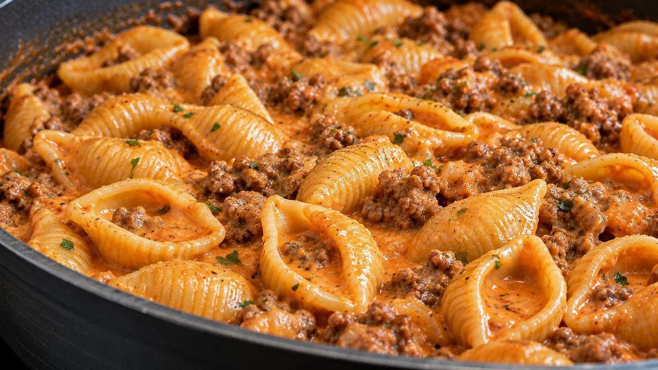 Close view of cooked medium shells holding creamy cheddar tomato sauce and small beef crumbles