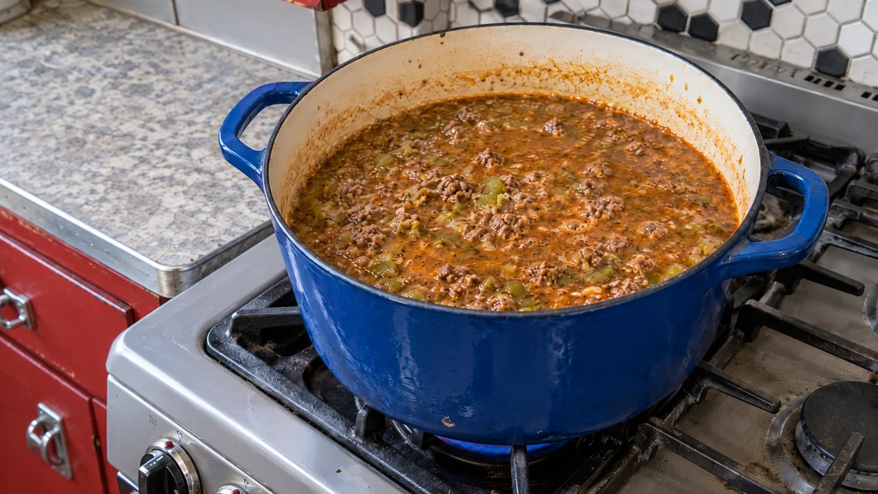 Ground beef, diced green chiles and seasoned chicken broth simmering in a Dutch oven before the cheese is added