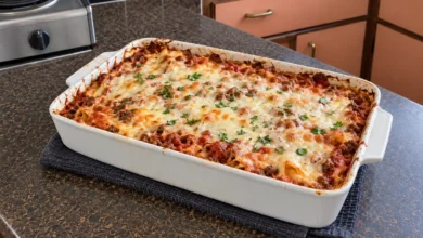 A whole baked beef Lombardi casserole in a white 9x13 baking dish with melted mozzarella, light golden patches and chopped parsley