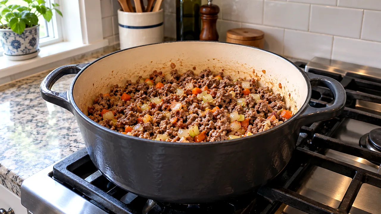 Ground beef and pork browning into irregular crumbles with pancetta and soffritto in the same Dutch oven