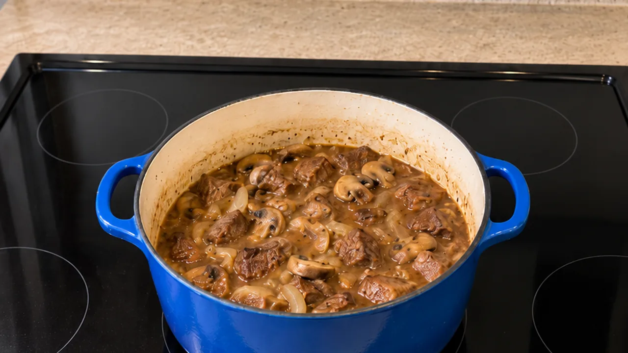 Beef cubes simmering in developing savory mushroom gravy in a covered Dutch oven