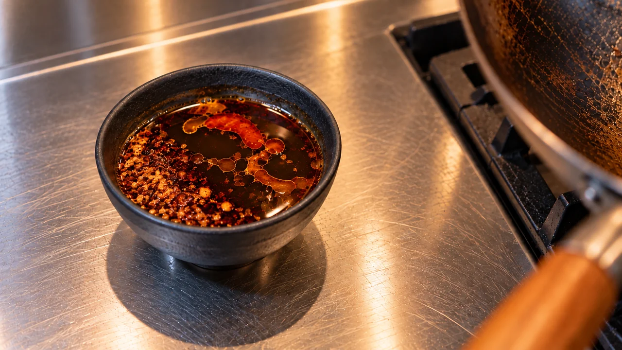 Biang biang noodle sauce of soy sauce, black vinegar, oyster sauce and chili oil mixed in a small bowl