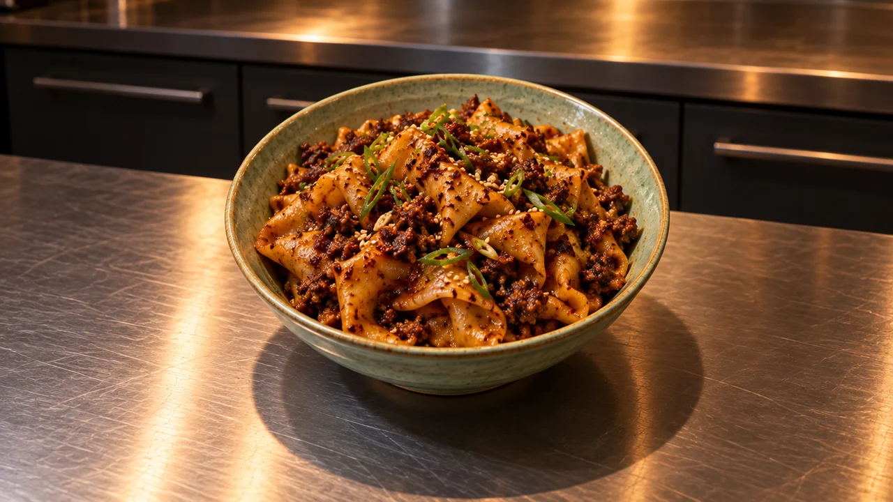 Biang biang noodles with crispy pork crumbles, chili-soy sauce, scallions and sesame seeds in a wide bowl