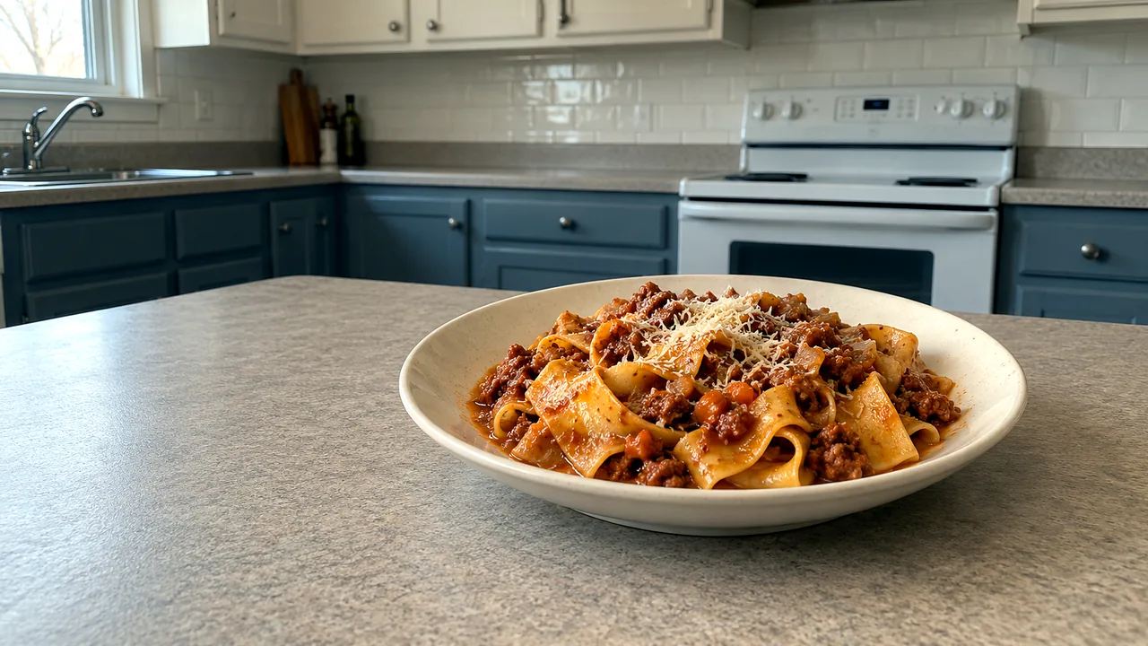 Close serving of pasta naturally coated with Bolognese and freshly grated Parmesan