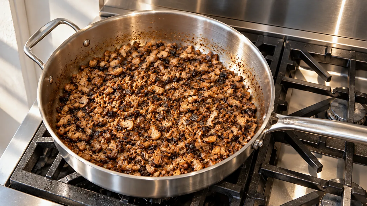 Finely chopped cremini mushrooms browned and dry in a stainless steel sauté pan on a gas range