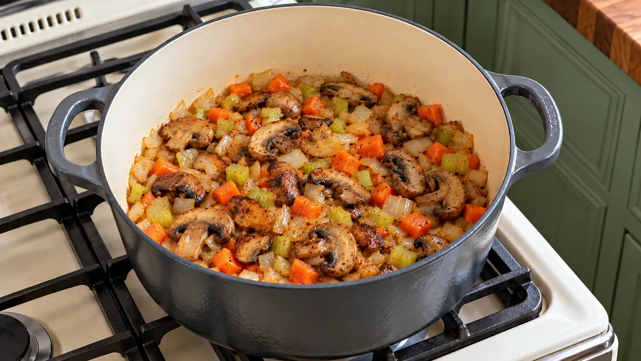 Sliced cremini mushrooms browned with diced onion, carrot and celery in the bottom of the Dutch oven