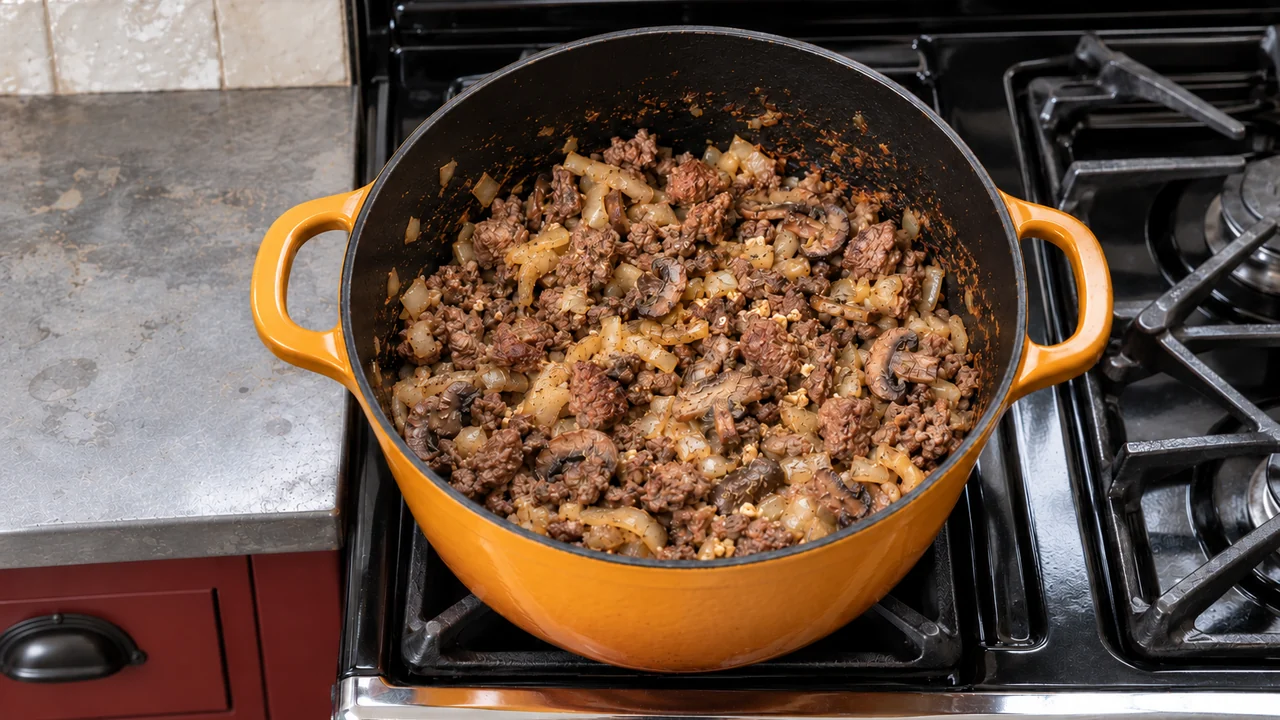 Browned ground beef crumbles with onion and sliced mushrooms in a Dutch oven, the mushroom liquid cooked off