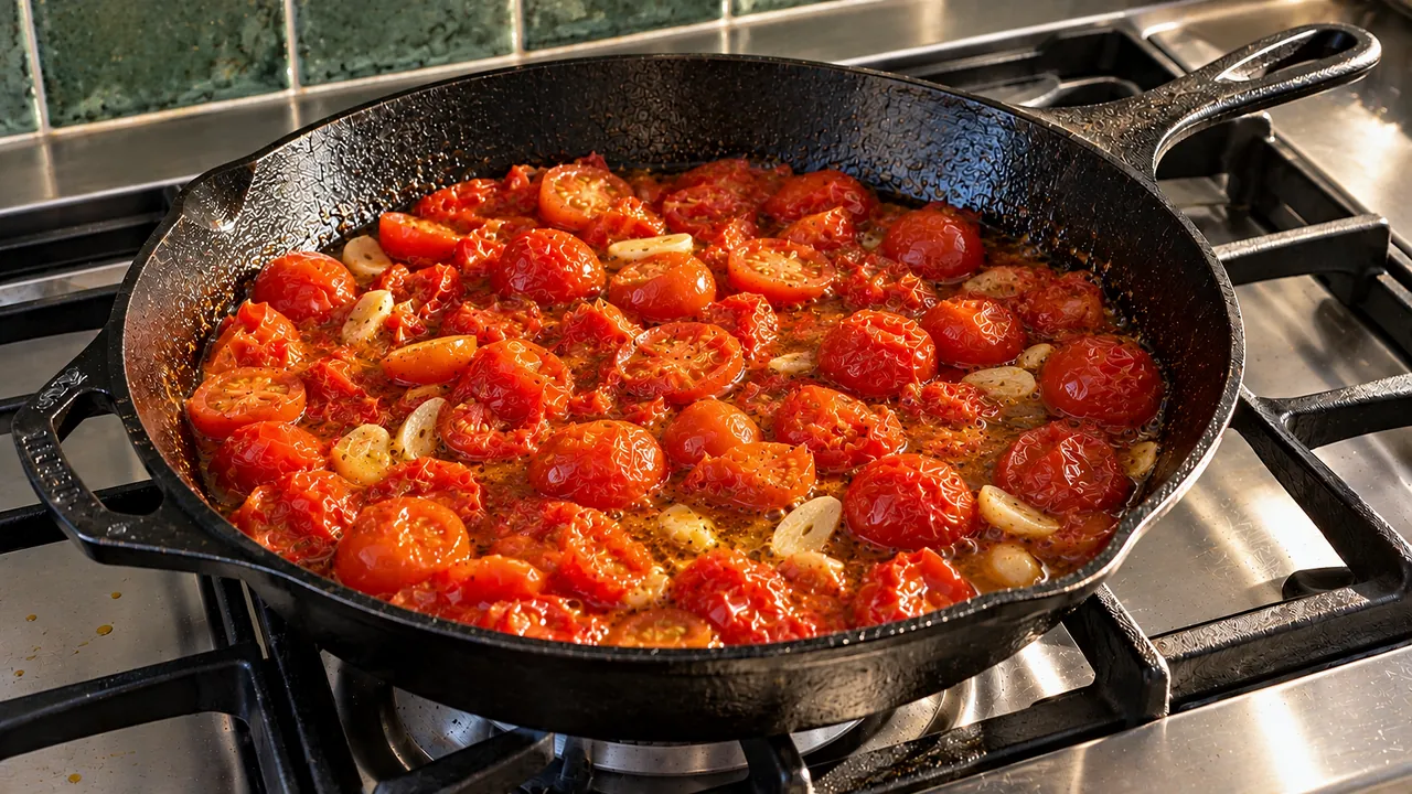 Cherry tomatoes cooked in garlic olive oil, about half burst into a juicy sauce, in a cast-iron skillet