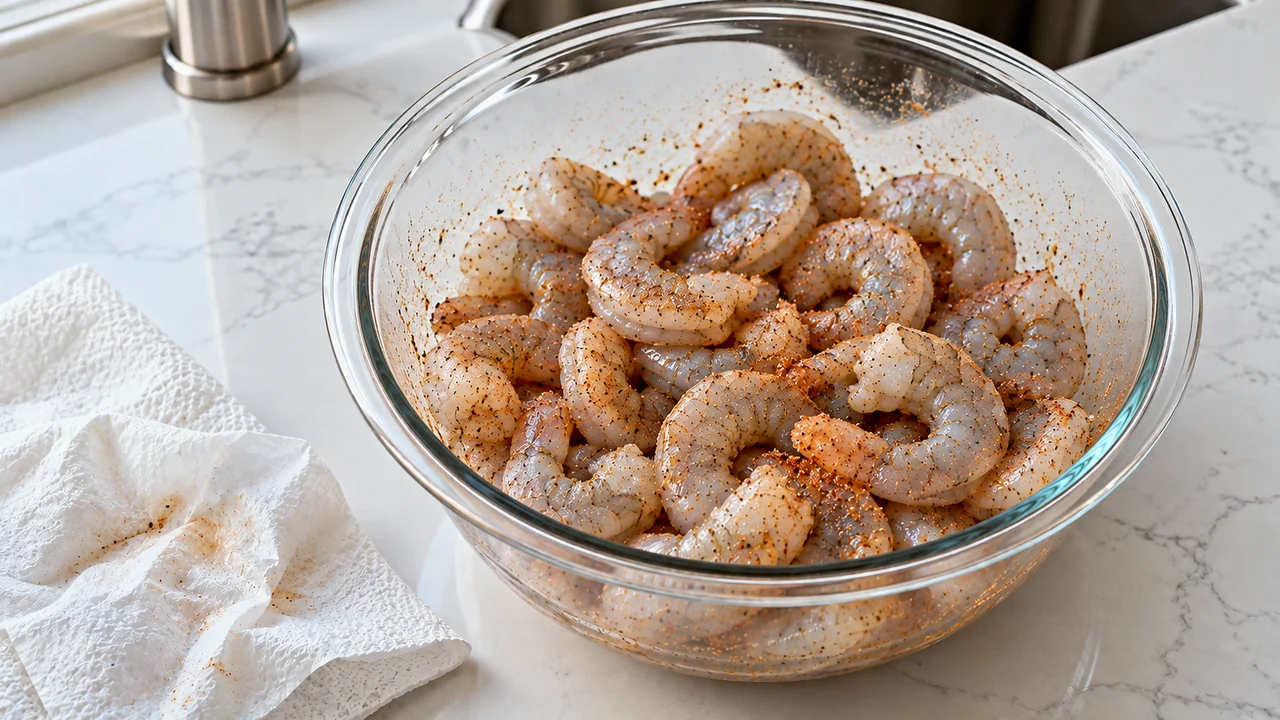 Raw peeled shrimp tossed with Cajun seasoning in a clear glass mixing bowl