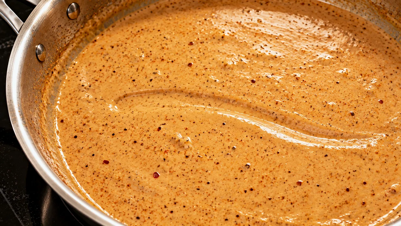 Smooth pale orange Parmesan cream sauce in a stainless skillet with a spoon line slowly closing