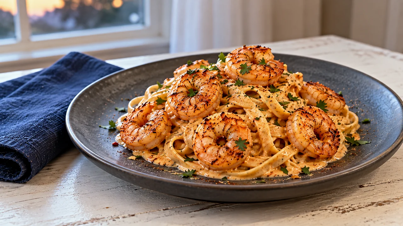 A plate of creamy Cajun shrimp pasta with six shrimp on a nest of fettuccine and chopped parsley