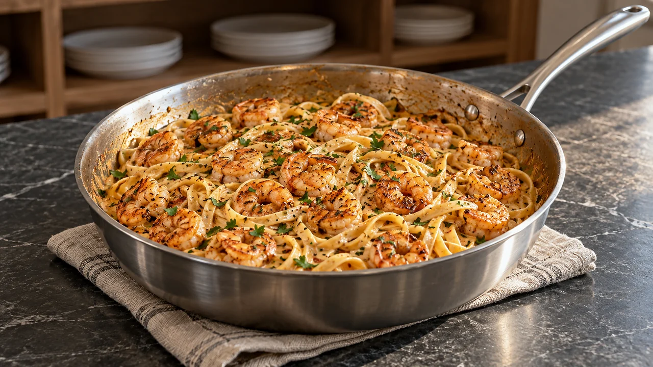Creamy Cajun shrimp pasta with fettuccine, seared shrimp, and parsley in a stainless steel skillet