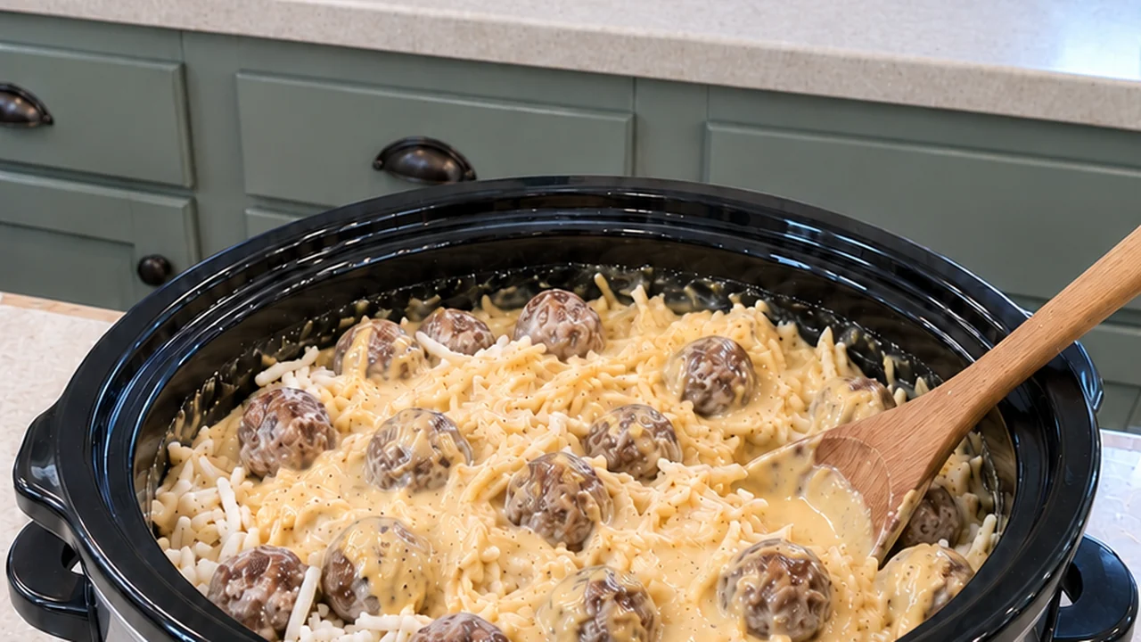 Creamy cheddar-ranch sauce being stirred into shredded hash browns and meatballs in a slow cooker with a wooden spoon