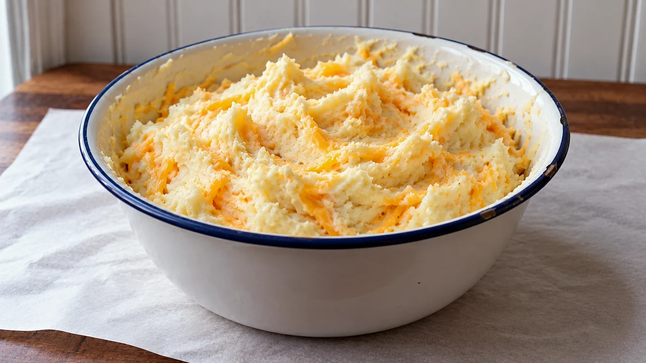 Mashed potatoes mixed with sour cream, butter, and streaks of shredded cheddar in a white mixing bowl