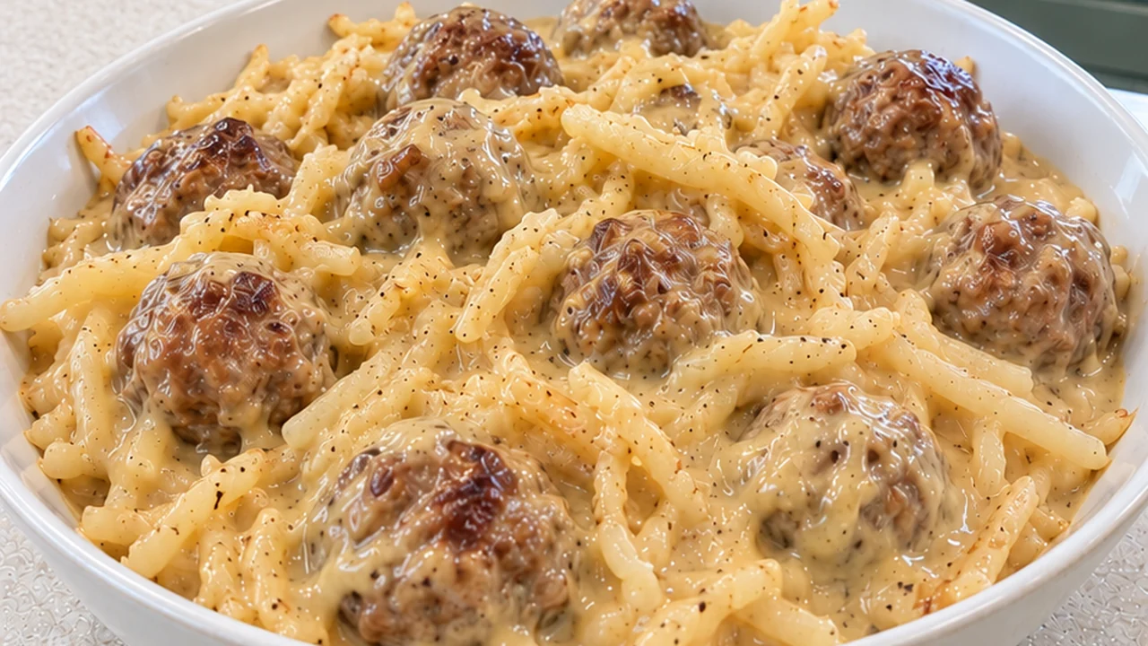 A generous serving of cheesy ranch shredded hash browns and meatballs in a thick creamy golden cheese sauce in a white bowl