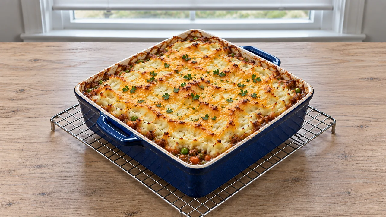 Cheesy shepherd's pie casserole with golden browned cheddar over mashed potatoes in a blue square baking dish