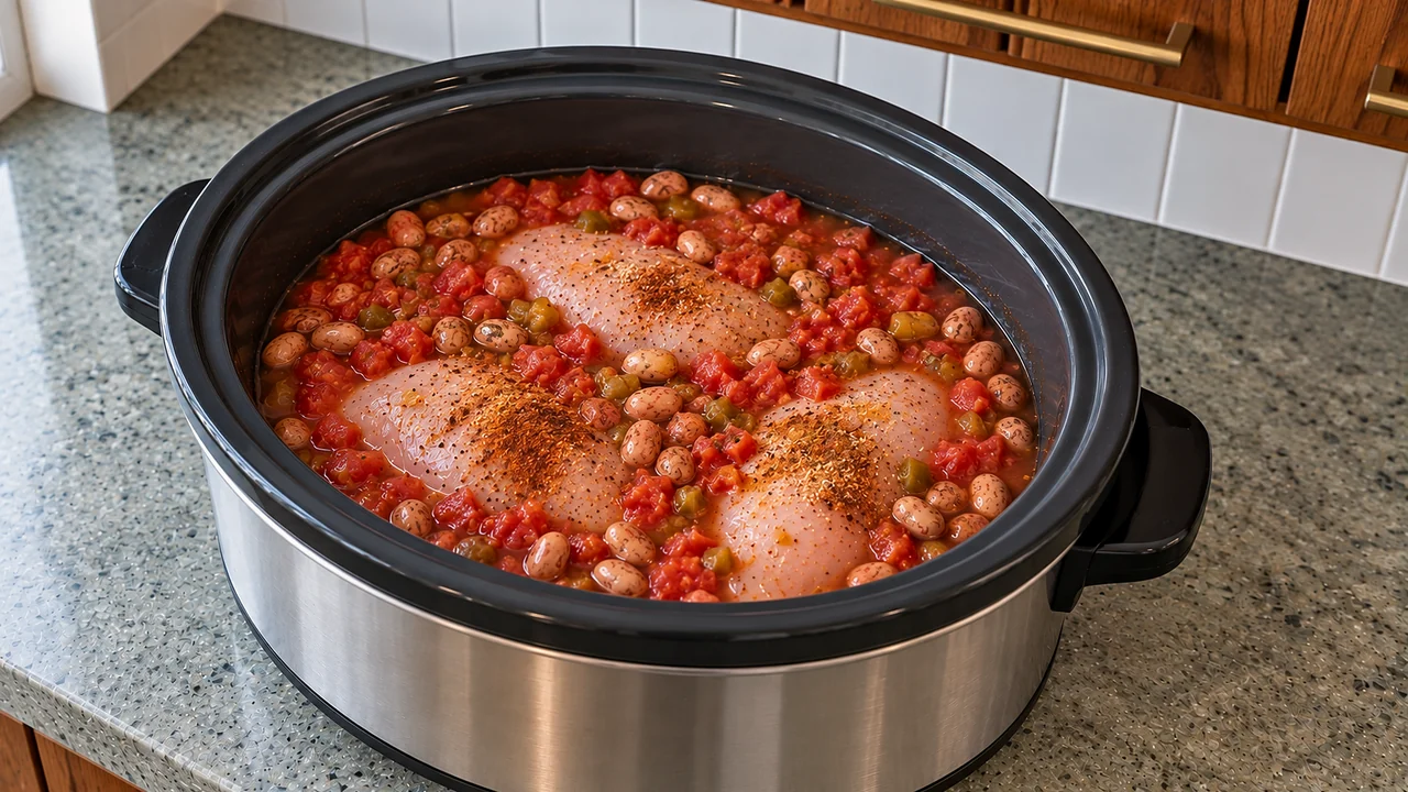 Three raw seasoned chicken breasts on top of pinto beans and undrained Rotel in the slow cooker before cooking