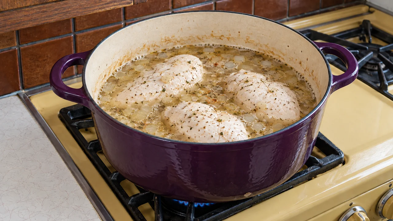 Whole chicken breasts simmering in ranch-seasoned chicken broth with softened onion in a Dutch oven, before shredding