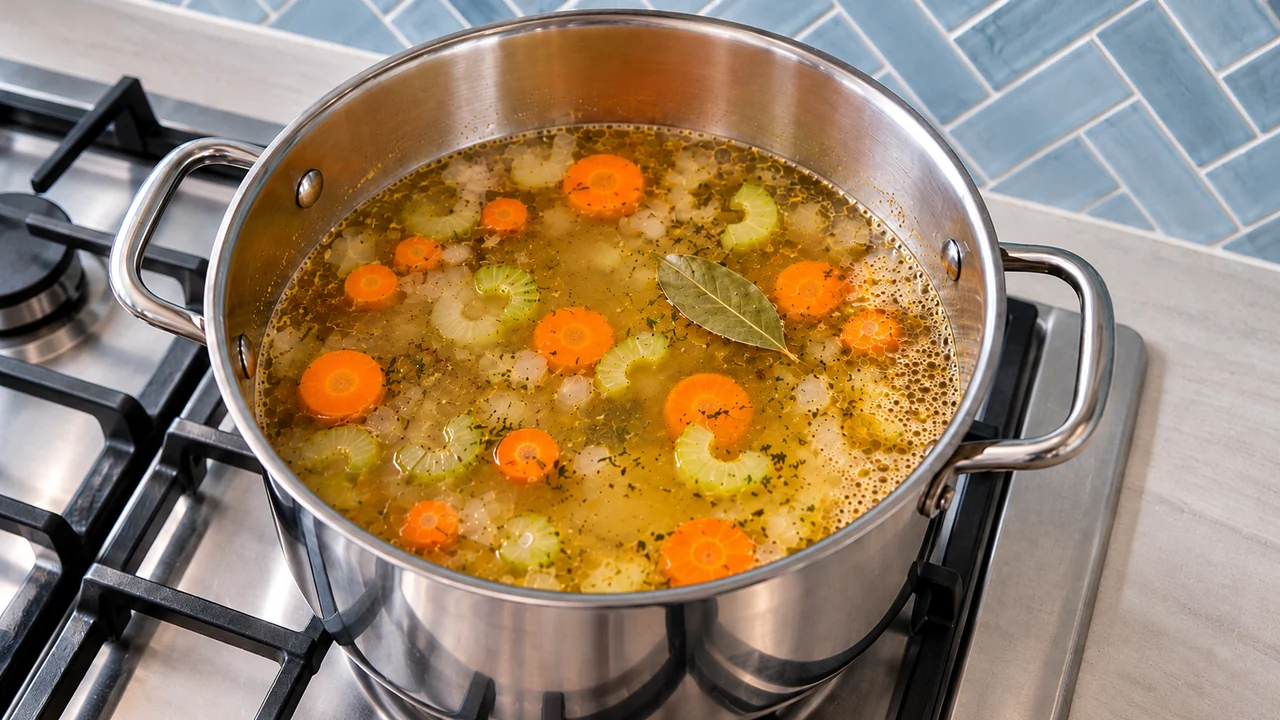 Clear golden chicken broth with carrot coins, celery, dried herbs and a bay leaf in a stainless steel pot, before the noodles