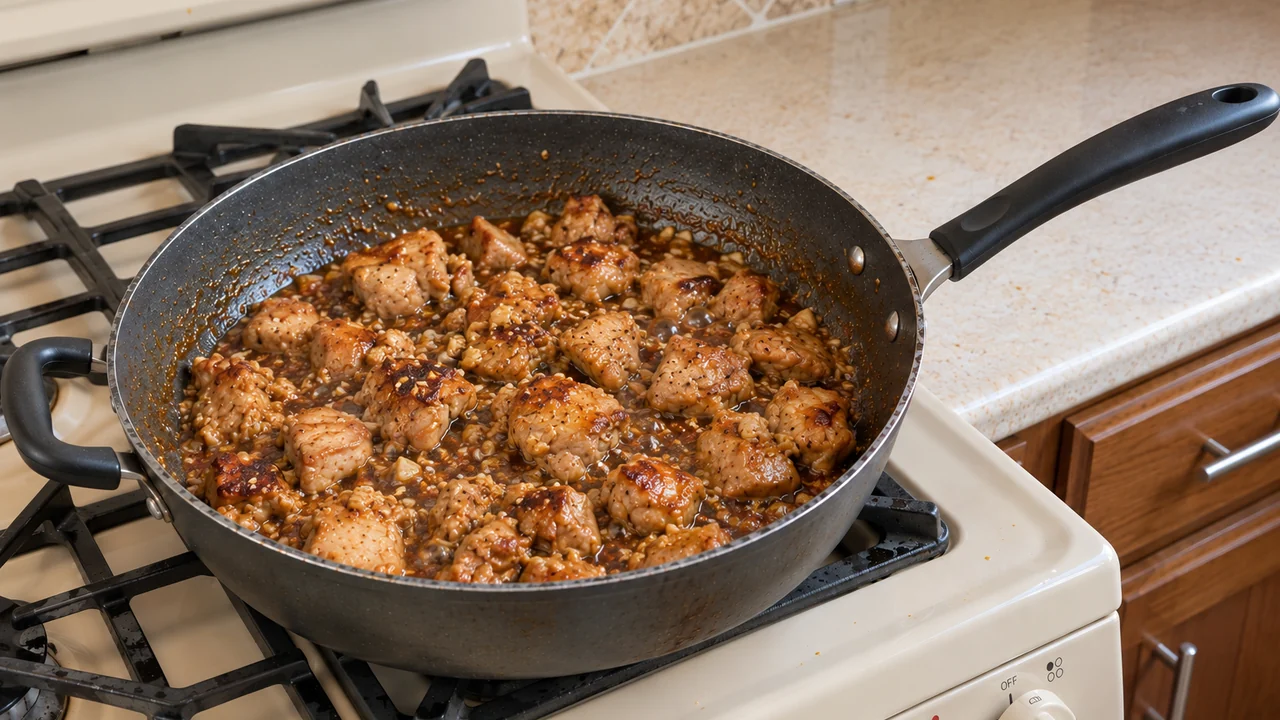 Browned chicken pieces bubbling in honey soy ginger sauce in the skillet before the noodles go in