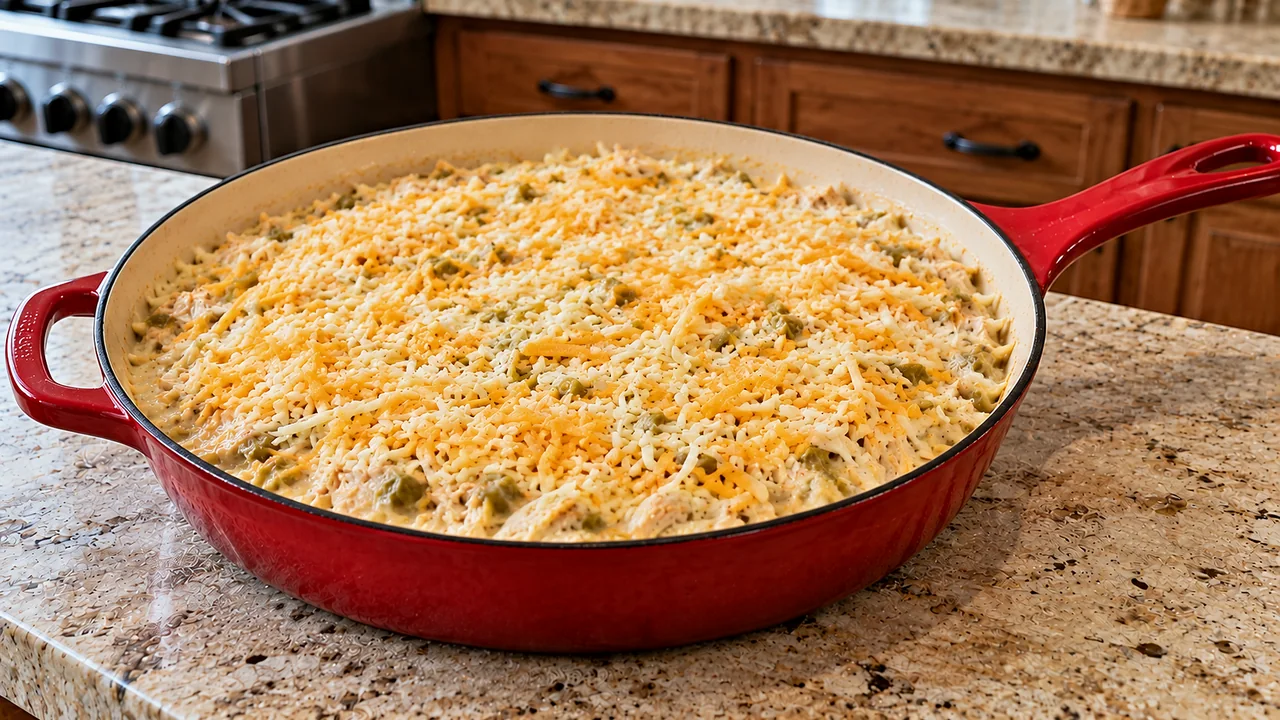 Shredded chicken folded into green chile cream sauce and topped with shredded Jack and cheddar before baking