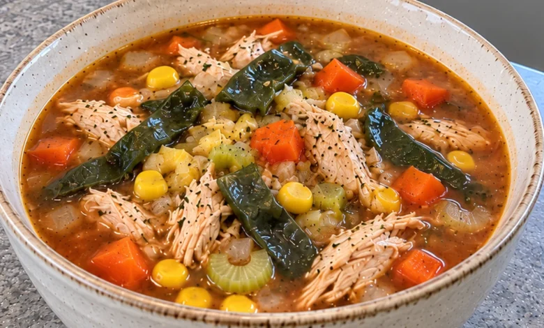 A stoneware bowl of chicken poblano soup with shredded chicken, dark roasted poblano strips, yellow corn, diced carrot and celery in a reddish-brown broth