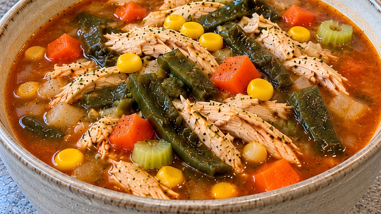 A generous bowl of chicken poblano soup with shredded chicken, roasted poblano strips, carrot pieces and yellow corn kernels