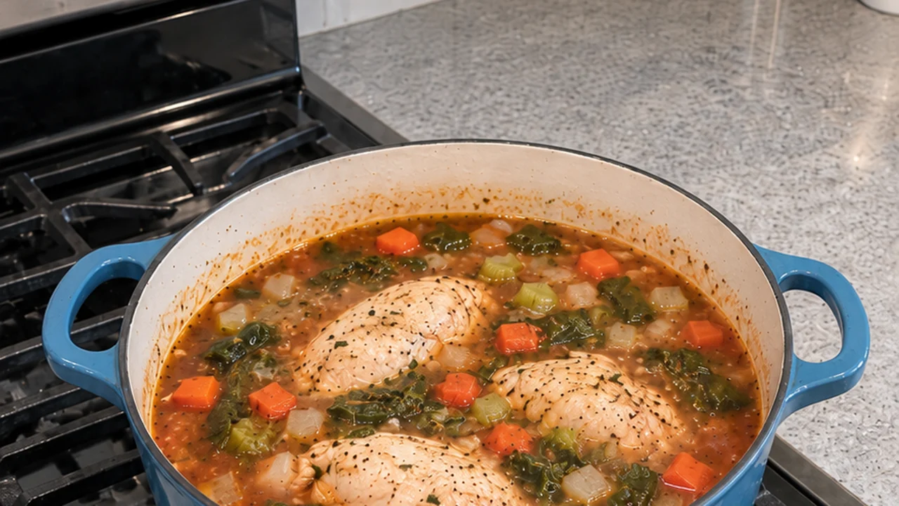 Whole chicken breasts simmering in seasoned broth with carrot, celery and roasted poblano in a blue Dutch oven on a gas range