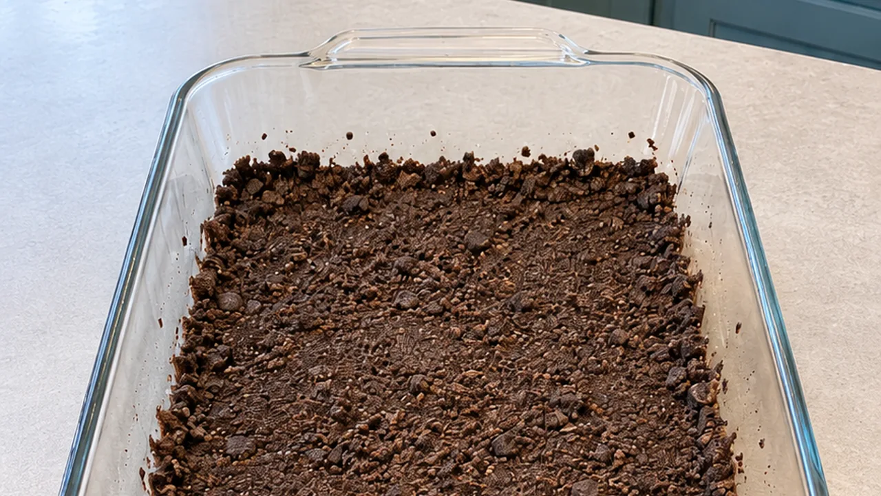 Dark chocolate sandwich-cookie crumb crust pressed into a rectangular 9x13-inch glass baking dish