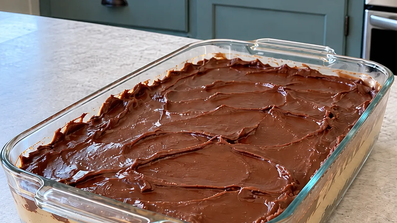 Smooth dark chocolate pudding layer spread over the peanut butter filling before whipped topping