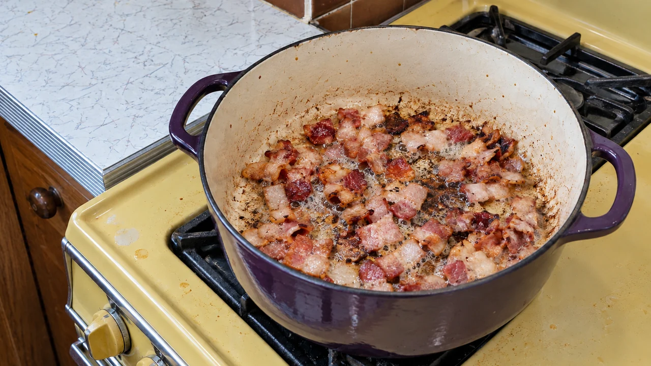 Chopped bacon browning and rendering its fat in a Dutch oven