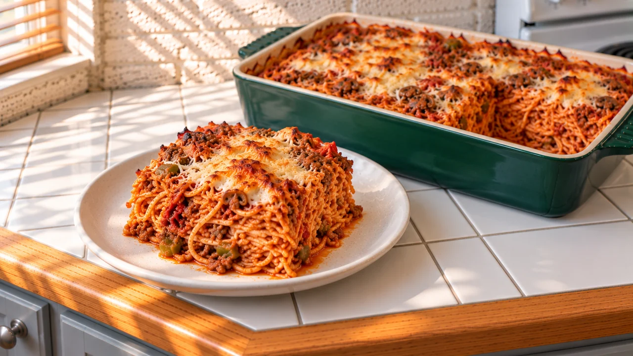 A square of classic baked spaghetti on a white plate, tangled spaghetti in beef sauce with green pepper and a melted cheese top, the green 9x13 baking dish behind it