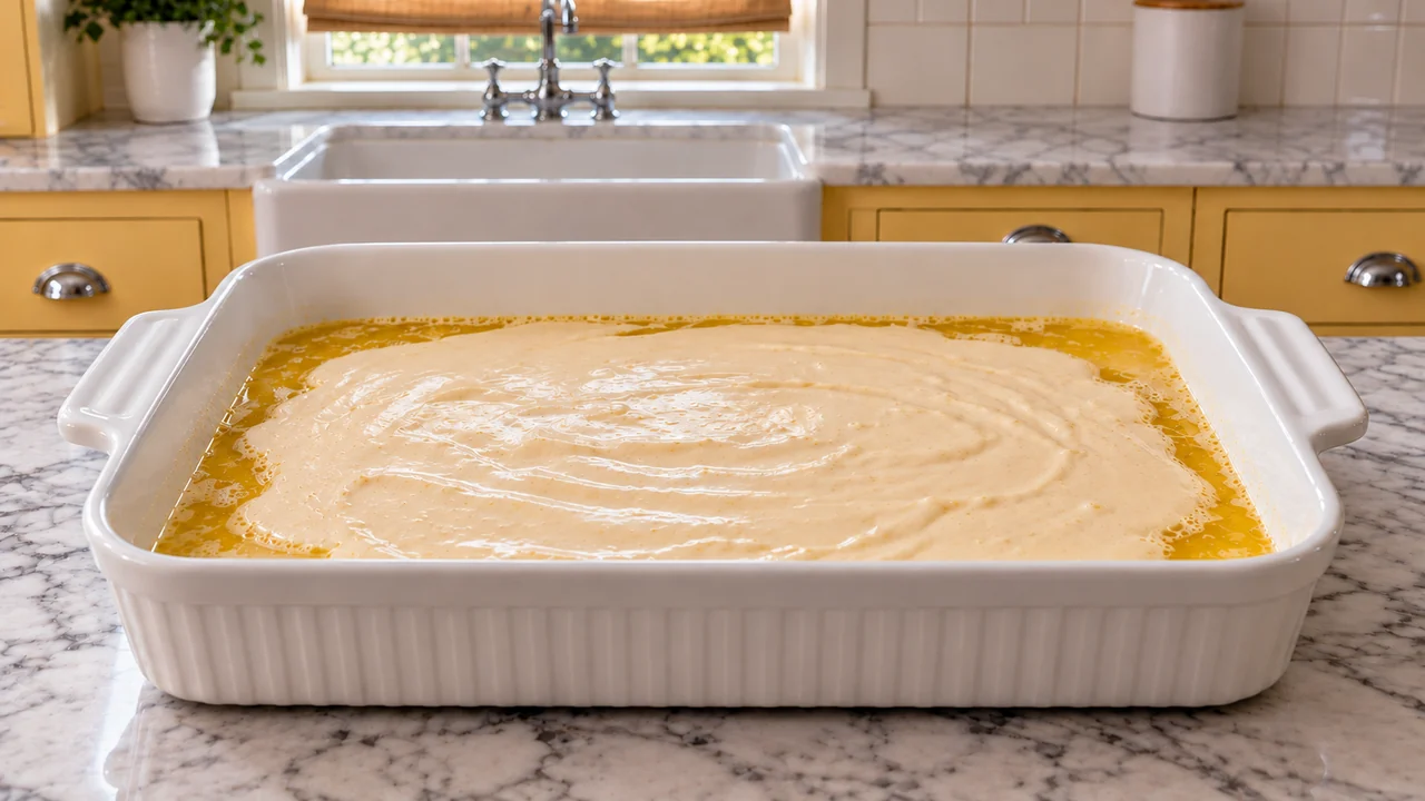 Thin cobbler batter poured over melted butter in a white 9x13 baking dish, butter pooling at the edges, before the fruit goes on