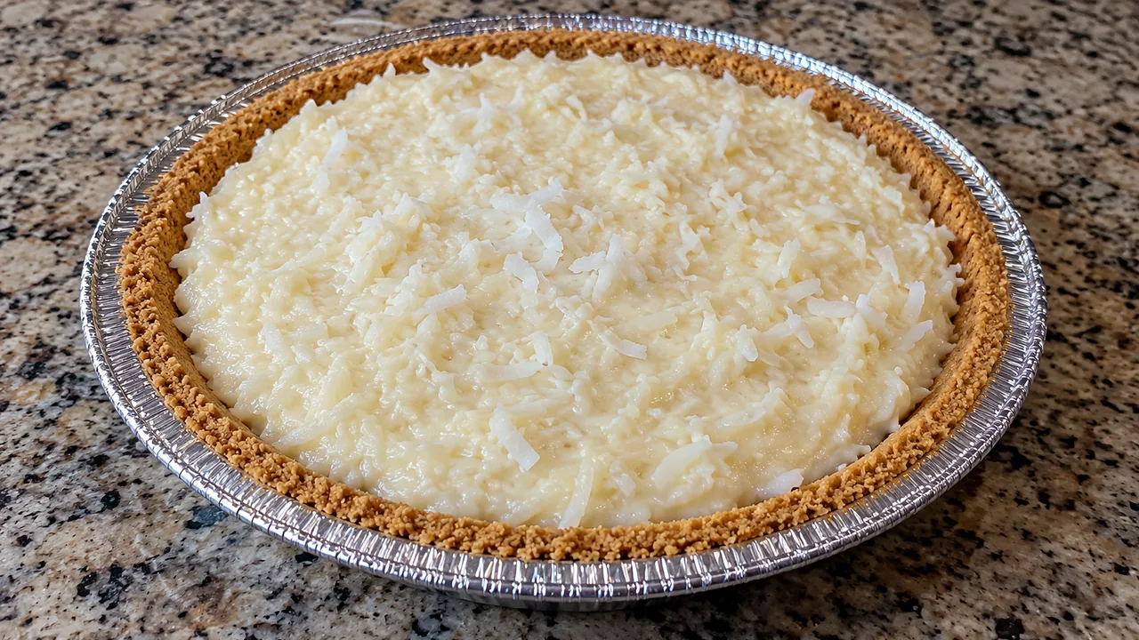 Graham cracker crust filled with coconut pudding mixture and topped with shredded coconut before chilling